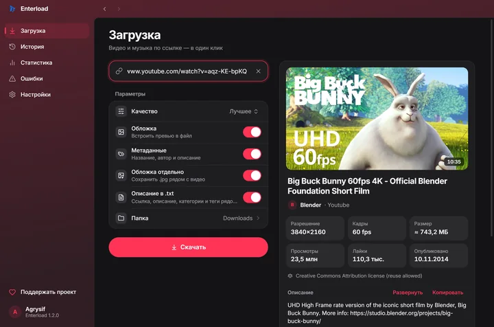 Enterload — Карточка видео до скачивания: разрешение, кадры, размер и настройки загрузки