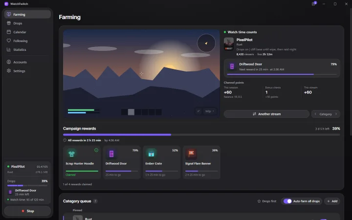 WatchTwitch — Фарминг: стрим, прогресс наград и очередь игр