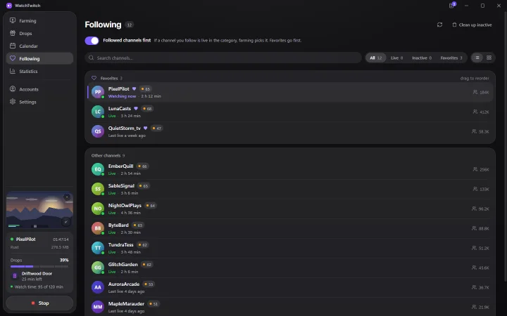 WatchTwitch — Подписки со статусом эфира